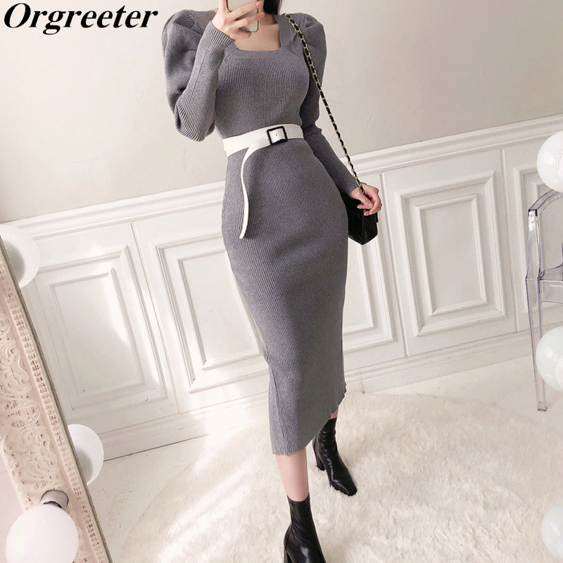 

Romantic French Square collar Long sleeve Knitted Dress Women Fall Winter Puff Slim Bodycon Split Mid Sweater 210525, Gray