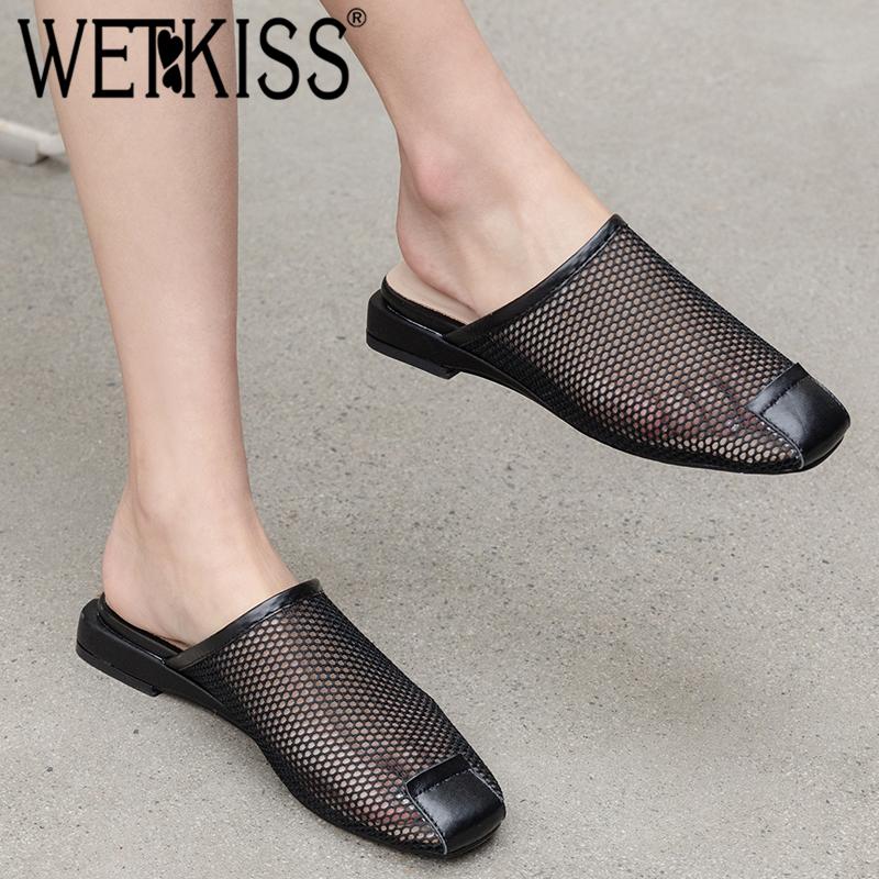 

Slippers WETKISS Mesh Women Low Heels 2021 Slides Shoes Square Toe Mules Ladies Leather Casual Female Summer, Black