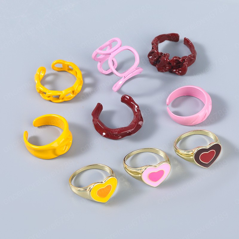 

Vintage Colorful Heart Y2K Ring Set Open Copper Rings for Women Candy Color Hand Painted Rings Jewelry