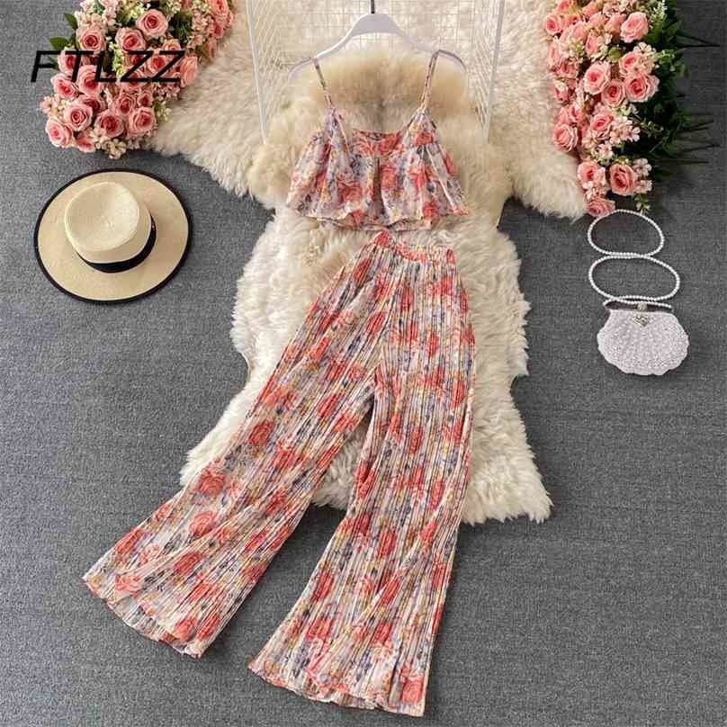 

Woman Boho Set Summer Floral Printed Chiffon Shirt Two-piece Suit High Waist Wide Leg Pleated Pants Suits Outfits 210525, Pink