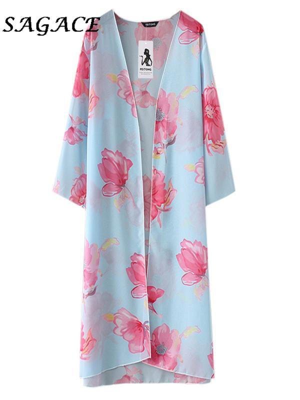 

Women' Jackets Sagace Clothes Coats Autumn Women O-neck Fashion Soft Ladies Summer Floral Chiffon Kimono Cardigans Blouse Cover Ups, Blue