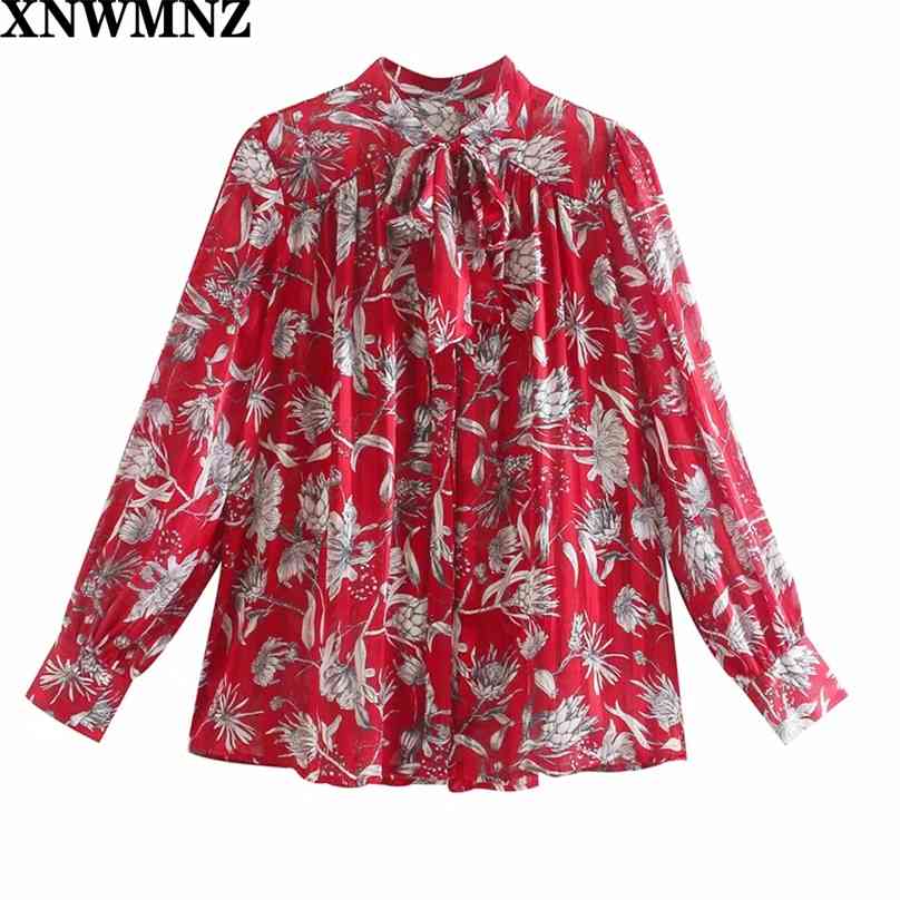 

women Vintage Printed blouse with bow Blouse high collar tied detail V-neckline long puff sleeves front button female 210520, Red