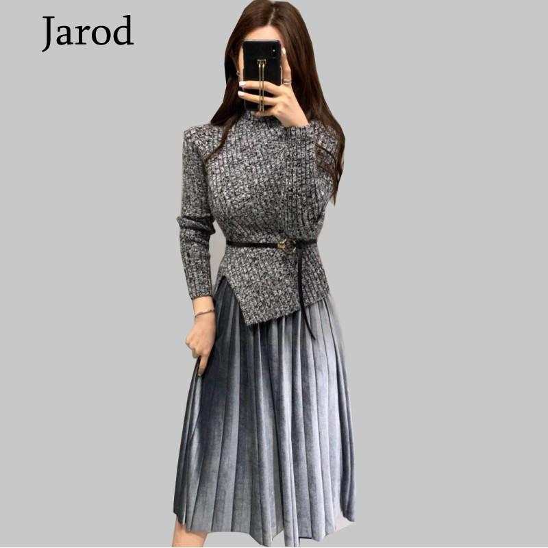 

Two Piece Dress 2021 Autumn Winter Fashion Clothing Sets Women Solid Irregular Knitting Woolen Tops Sweater+Velvet Pleated Skirt Suit, Picture color