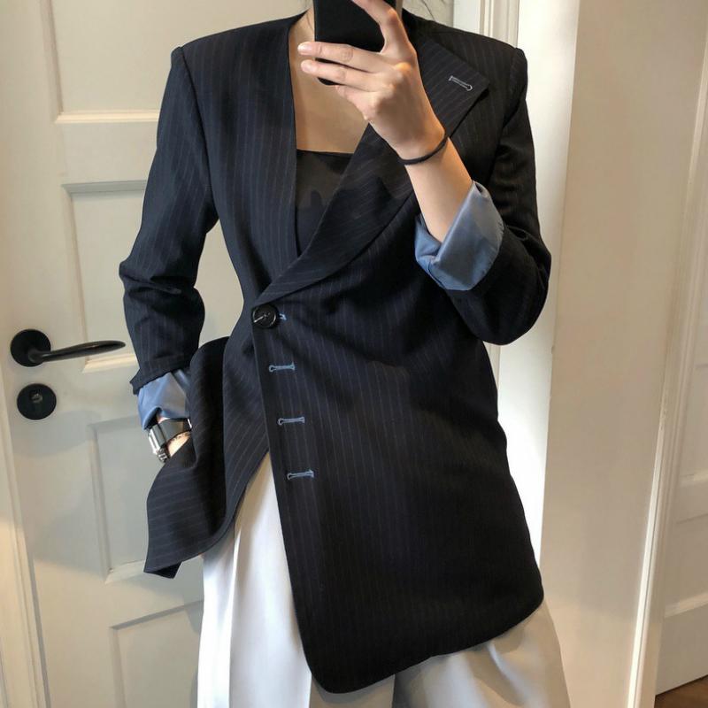 

Autumn Korean Fashion 2021 Style Casual V Neck Single Breasted Asymmetrical Diagonal Placket Striped Long Coat Women Blazer Women's Suits &, Black