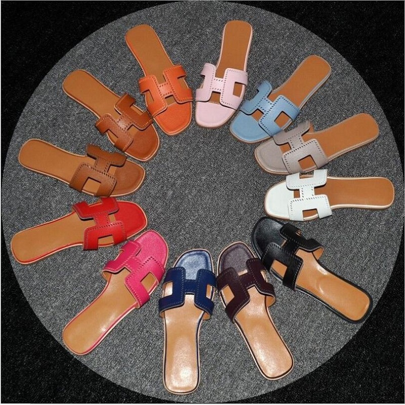 

Womens Slippers Summer Slide Real Soft Leather Ladies Flip Flops Slipper Fashion Girl Sandali Classic H Open Toe Casual Flat Sandals Black S