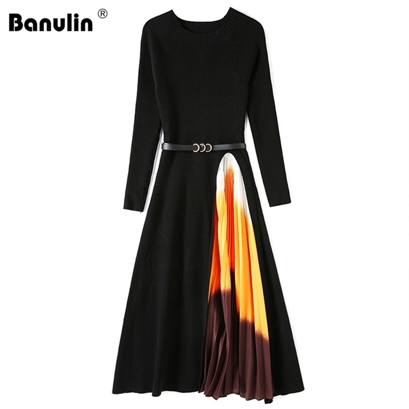 

Autumn Winter Women Gradient Color Stitching Knitted Warm Sweater Dress Female Long Sleeve Ol Midi Pleated 211110, Black 103cm length