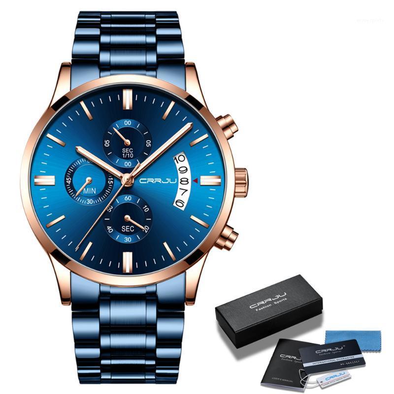 

Wristwatches Mens Watch CRRJU Full Steel Fashion WristWatch For Men Top Stylishwaterproof Date Quartz Watches Relogio Masculino, Blue rose