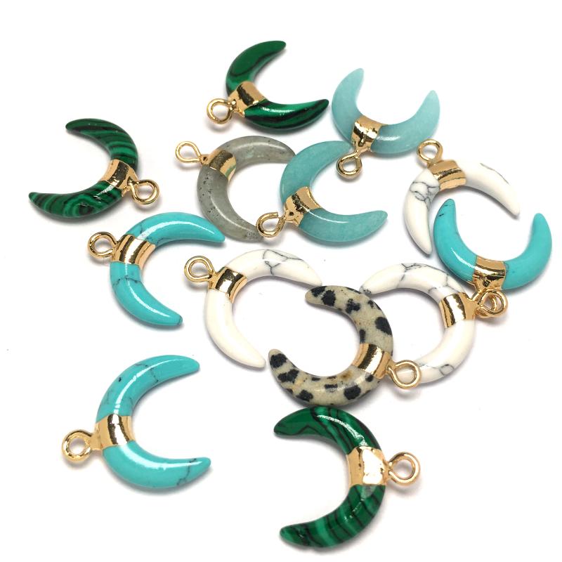 

Charms Moon Shape Stone Pendants Turquoise Green Aventurine Flash Labradorite Howlite Damation Jasper For Jewelry Making, Bronze;silver
