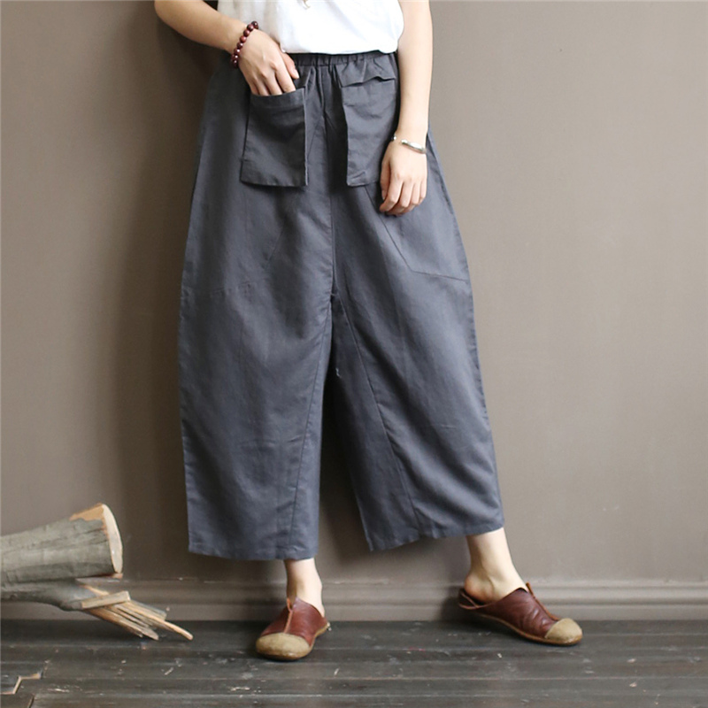 

Johnature Women Vintage Wide Leg Pants Cotton Linen Elastic Waist Pockets Patchwork Solid Color Summer Casual Pants 210521, Black