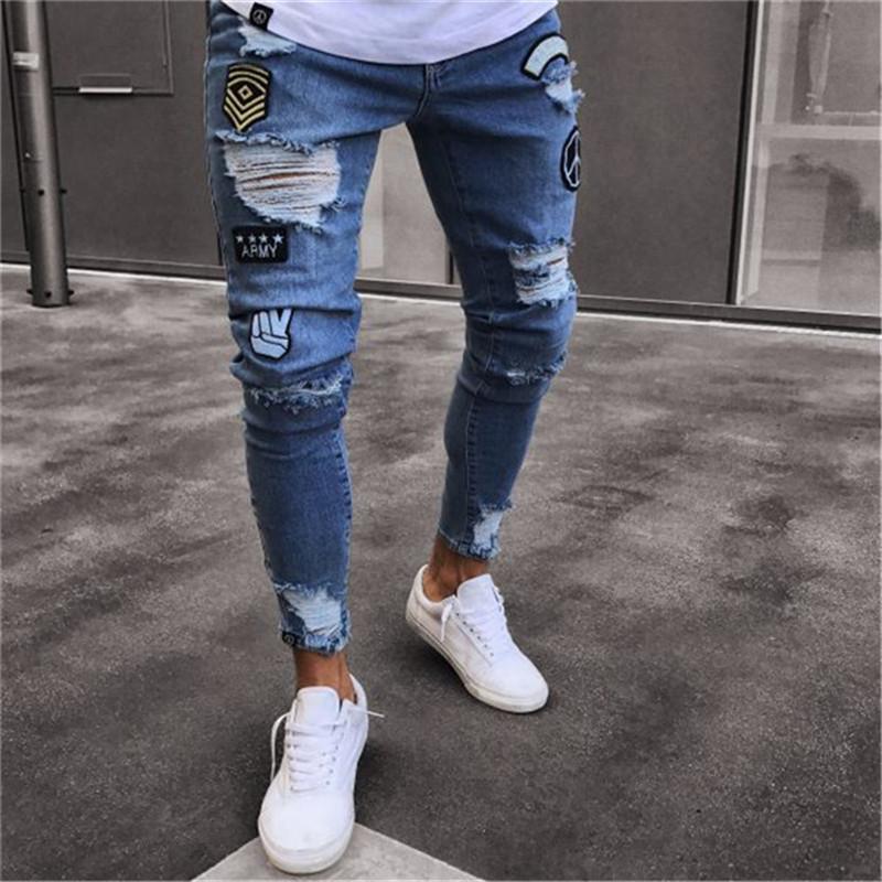 

Men's Jeans 2021 Men Stylish Ripped Pants Biker Slim Straight Hip Hop Frayed Denim Trousers Fashion Skinny S-4XL, Blue