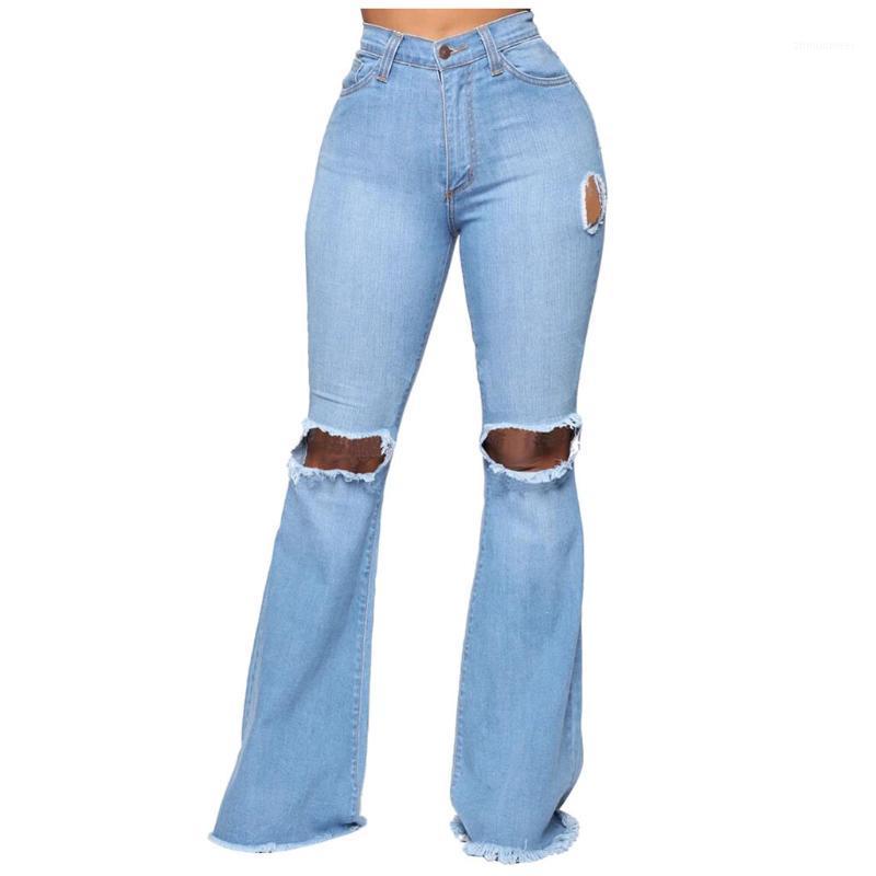 

Womens Hole Button Zipper Pocket Jeans Casual Denim Flares Wide Leg Slim Pants Women, Light blue