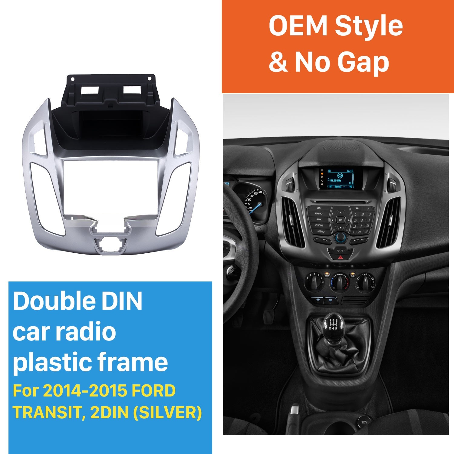 

Silver Double Din Car Radio Fascia for 2014-2015 Ford Transit Dash Mount Stereo Install Frame Auto Dashboard Covers