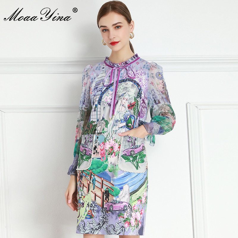 

Fashion Designer dress Spring Women's Dress Long sleeve Anime Floral Print Pearl Beaded Dresses 210524, Multi