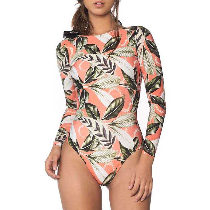 

Women Bikinis Set Summer Fashion Leaf Print Long Sleeve Slim Ladies Beach Holiday Swimming Wear Femme 210608, Pink