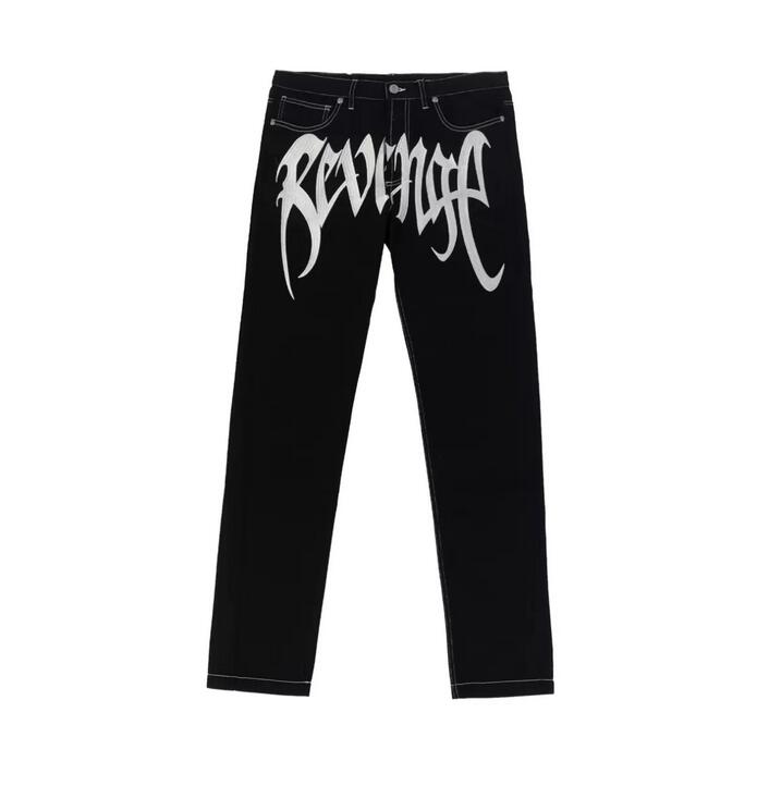 

Mens Designer Jeans Black REVENGE White Embroidered Straight Washed Denim Trousers High Street Fashion