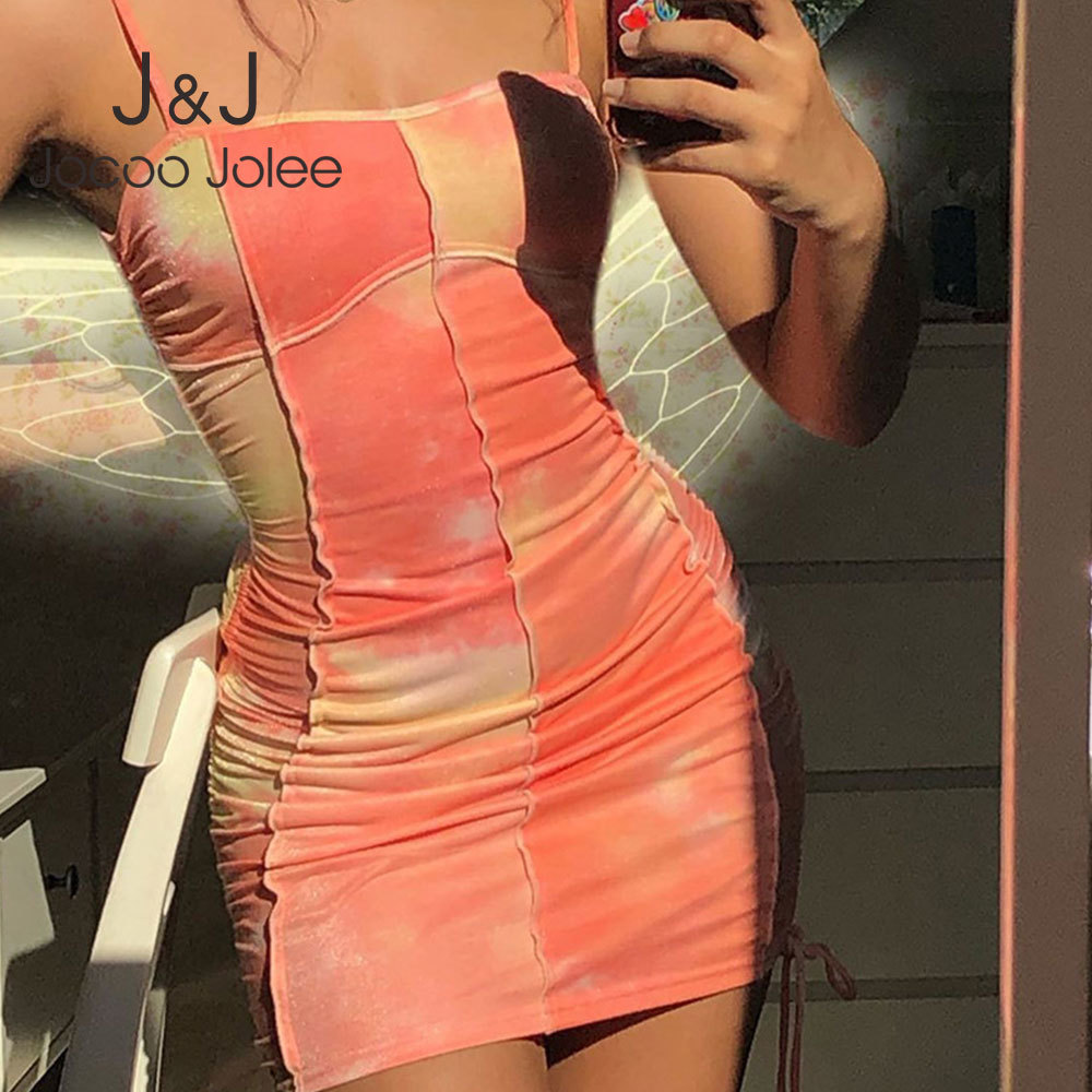 

Jocoo Jolee Elegant Drawstring Bodycon Dress Women Sexy Strap Tie Dye Ruched Summer Dress Party Club Mini Dress Beach Sundress 210518, As photo