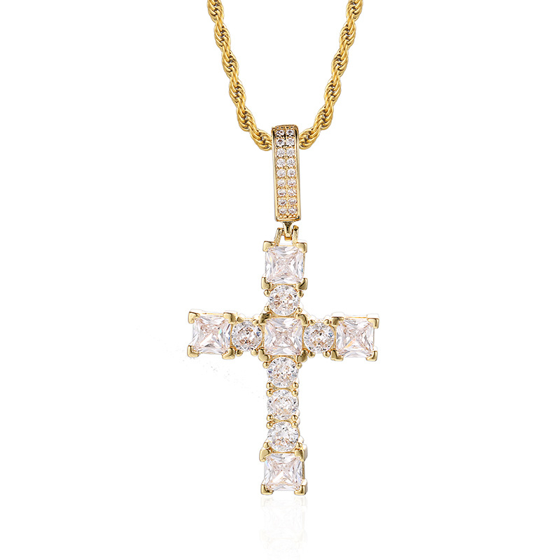 

Hip Hop Prong Set AAA CZ Stone Cross Pendant Necklace Bling Iced Out Bagutte Diamond for Women Men Rapper White Gold Birthday Jewelry Gift Bijoux Collier