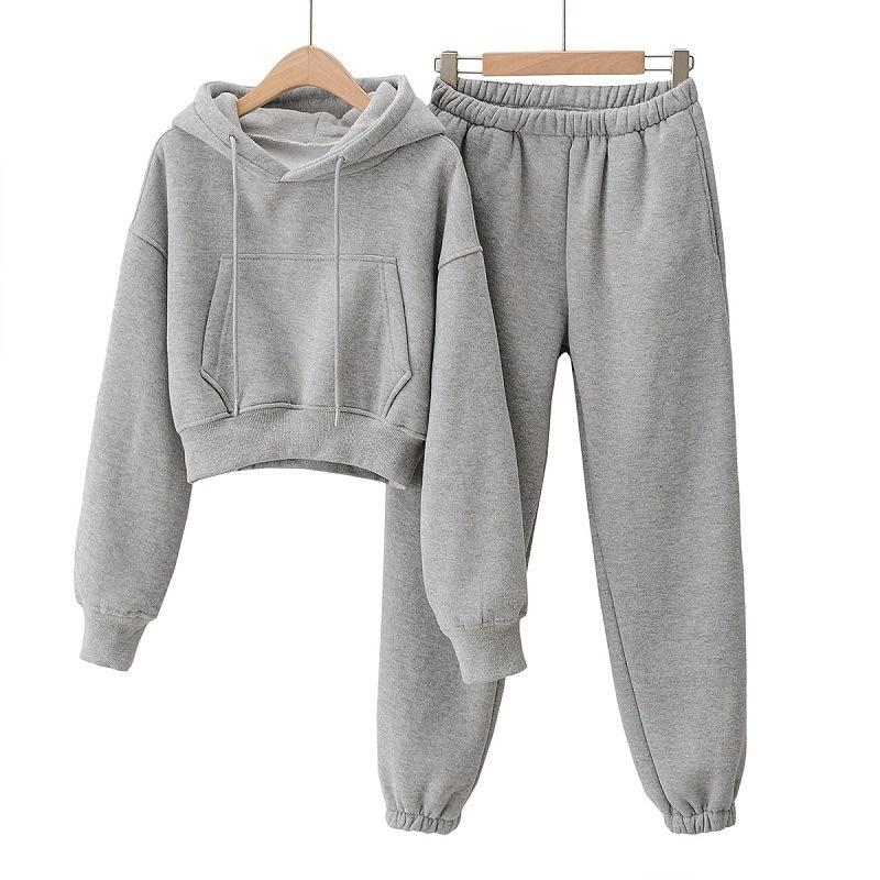

Women's Two Piece Pants Autumn And Winter Solid Color Tracksuit Woman Pocket Hooded Loose Slim Plush Sets, Black