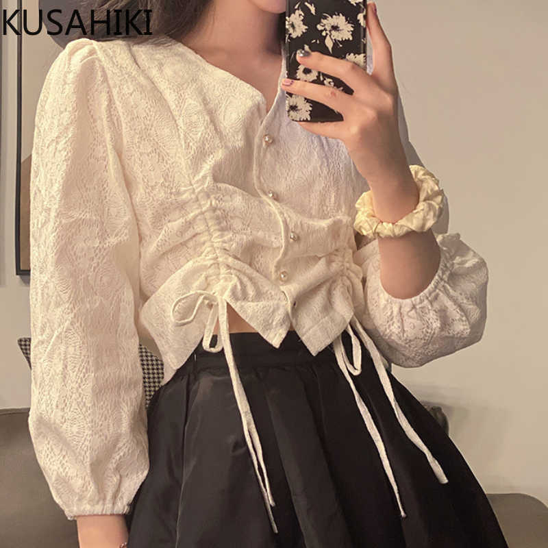 

KUSAHIKI Korean Drawstring Short Blouse Shirt Causal Puff Sleeve V-neck Women Tops Fashion Blusas Feminimos 6H137 210602, White