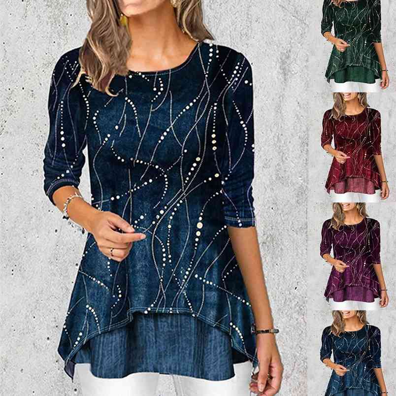 

Summer Three Quarter Sleeve T-shirts O-neck Dot Printed Irregular Fake Two Slim Fit TShirts Purple Shirt Women Oversize Pullover 210604, Blue