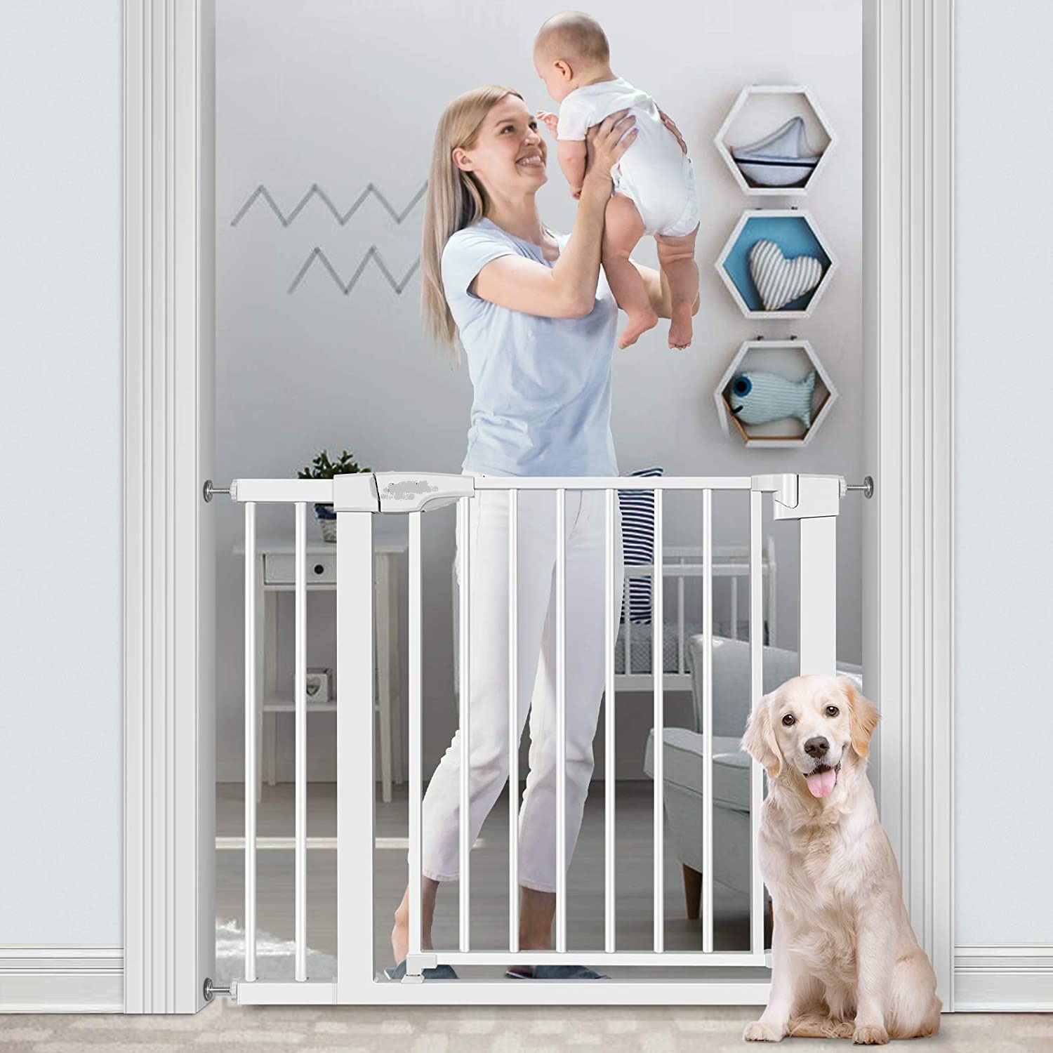 

Auto Close Baby Gate Extra Wide Child Safety Gates, Configurable Walk Thru Dog Barrier for Stairs, Kitchen, Doorways, Play Area