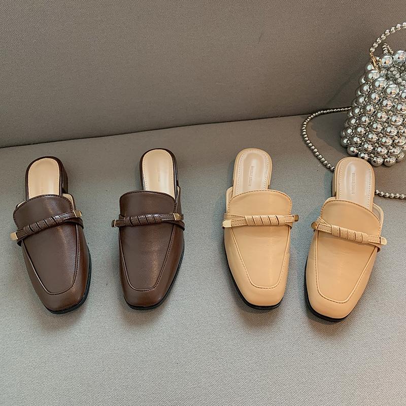 

Slippers Round Toe Women Flats Heeled Slip On Mules Shoes Comfortable Fashion Summer Outdoor Slides Shallow Dress Shoe, Beige
