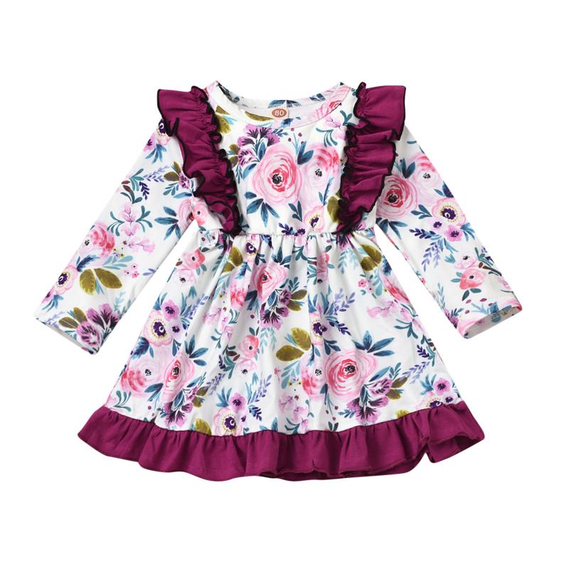 

Girl's Dresses Cotton Baby Girls Long Sleeves Dress Toddler Kids Ruched Ruffles Floral Flowers Princess Sweet Clothes, Pp