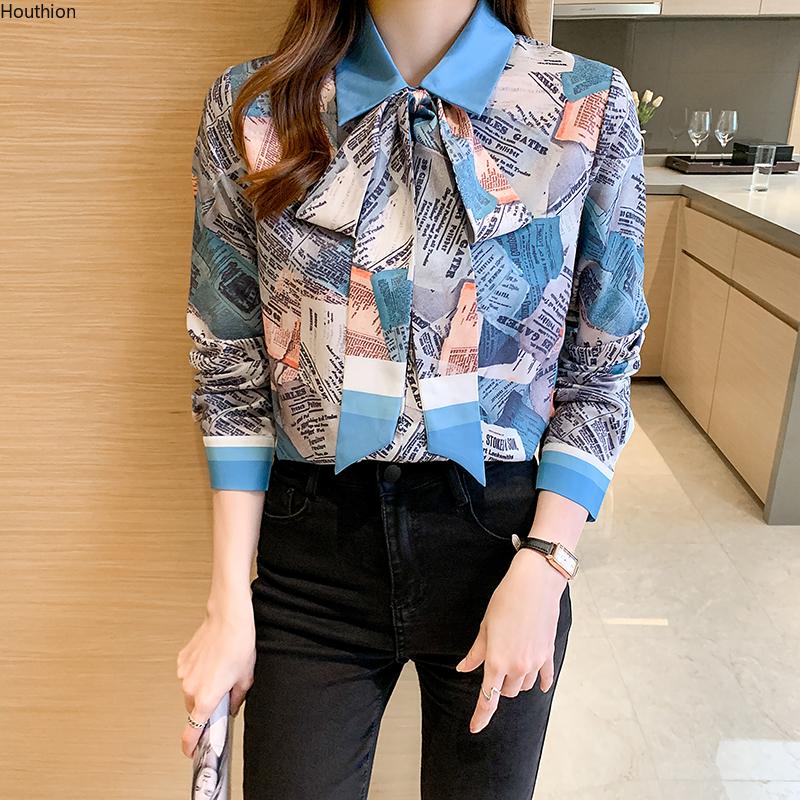 

Women's Blouses & Shirts Summer Shirt Long Sleeve Tops Printed Blouse Ribbon Girl Chiffon Casual Fashion Lady Loose, White