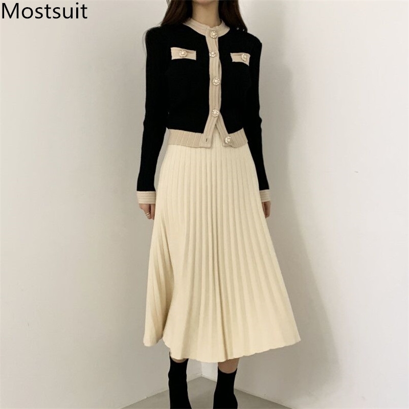 

Chic Vintage Ladies Knitted 2 Piece Skirt Suits Sets Women Single Breasted Pearl Buttons Cardigan + Pleated Long Suit 210518, Black