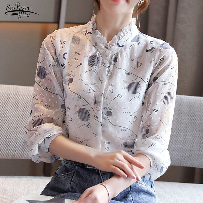 

Blusas Autumn Korean All-match Long Sleeve Shirt OL Floral Chiffon Blouse Women Stand Collar Printed Shirts 10742 210521, Picture