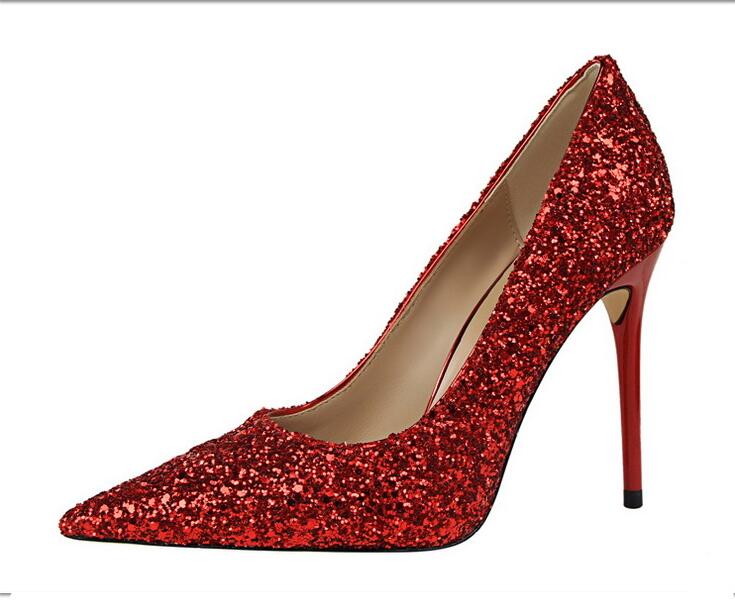 

Women 9.5cm High Heels shoes Plus Size 43 Stripper Glitter Scarpins Luxury Pumps Stiletto Wedding Bridal Gold Silver Fetish Shoes, Black