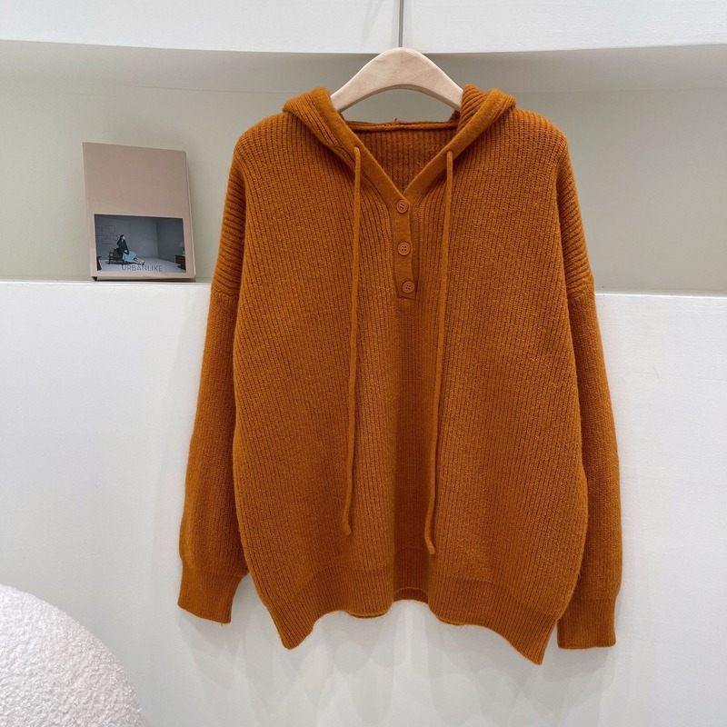 

EBAIHUI Retro Korean Pullover Sweaters Women Loose Blue Hooded Pullovers V-neck Long Sleeve Casual Ladies Knitted Tops, Light green