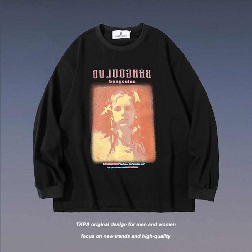 

Tkpa high funny cartoon character printed sweater men's fashion street loose lovers casual round neck long tee, Black
