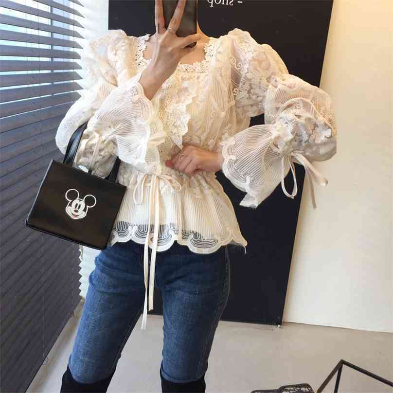 

Ruffles Lace-Up Flare Sleeves Stylish Women Chic Slim Blouses Office Lady Sweet Streetwear All Match Shirts 210525, Photo color