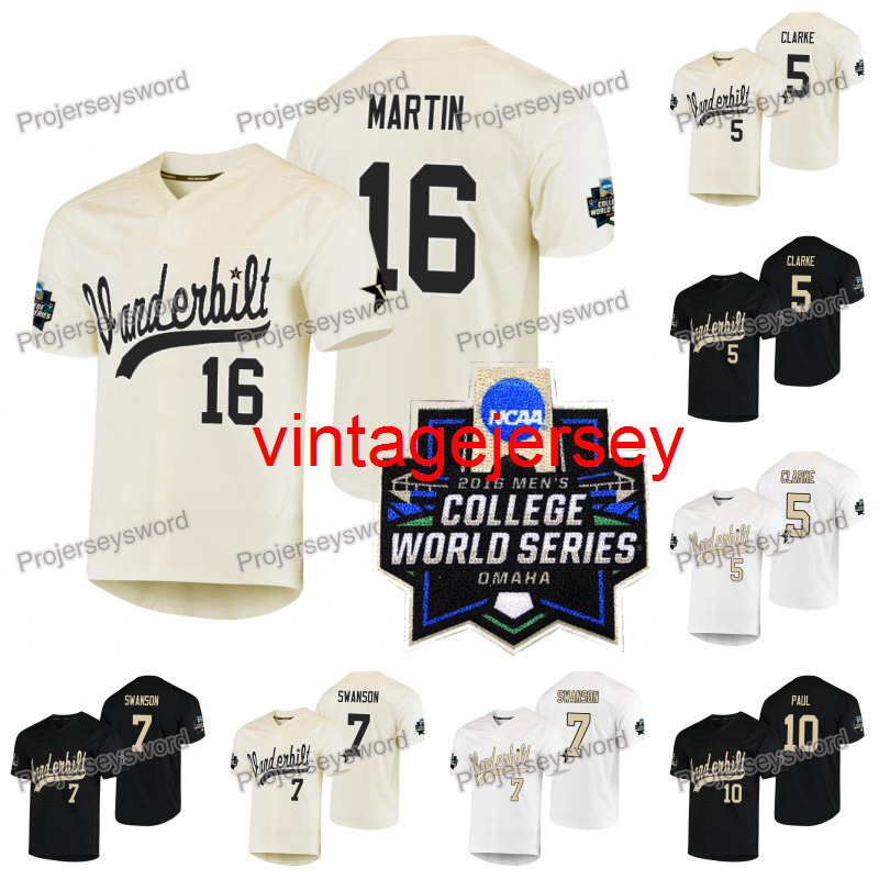 

Vanderbilt Commodores Jersey 7 Dansby Swanson 5 Philip Clarke 10 Ethan Paul 16 Austin Martin 2019 NCAA College WS W S Custom Baseball Jersey, 16 white
