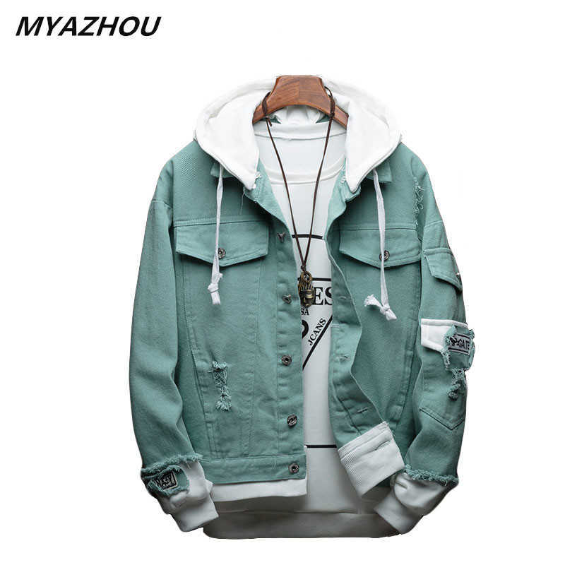 

Autumn new hooded denim jacket men's fake two pieces solid color loose coat fashion designer men's casual denim jacket S-3XL X0621, Green