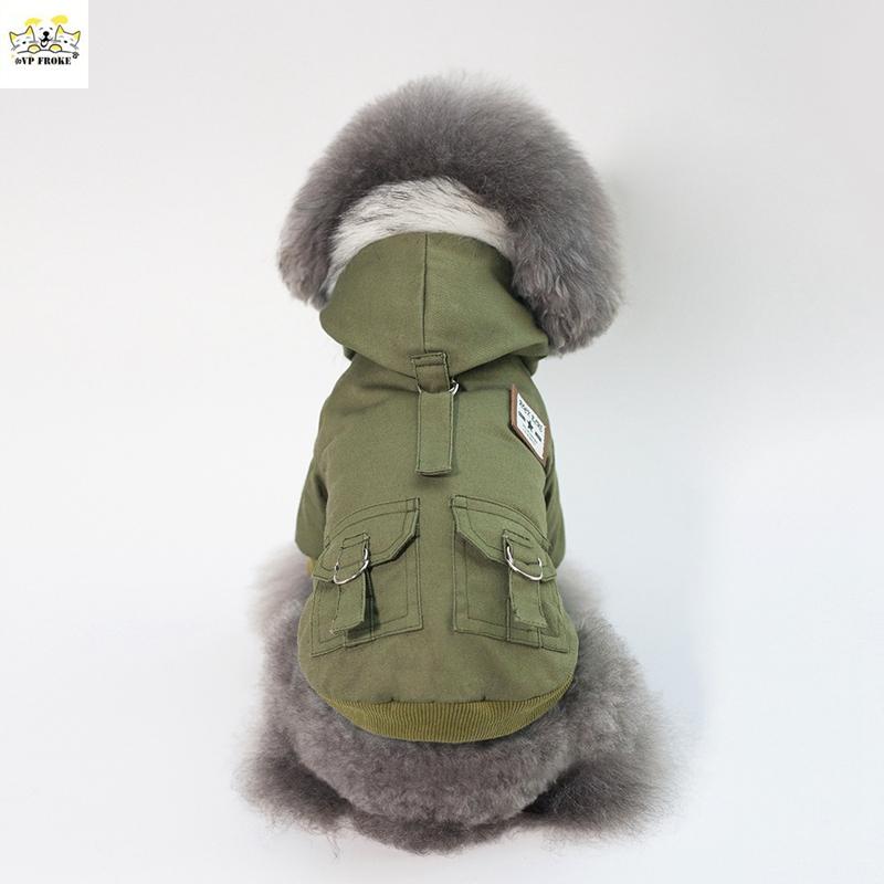 

Pet Fashion Winter Clothing Dog European And American Style Cotton Cloth Army Green Two-Legged Warm Coat With Hat Apparel