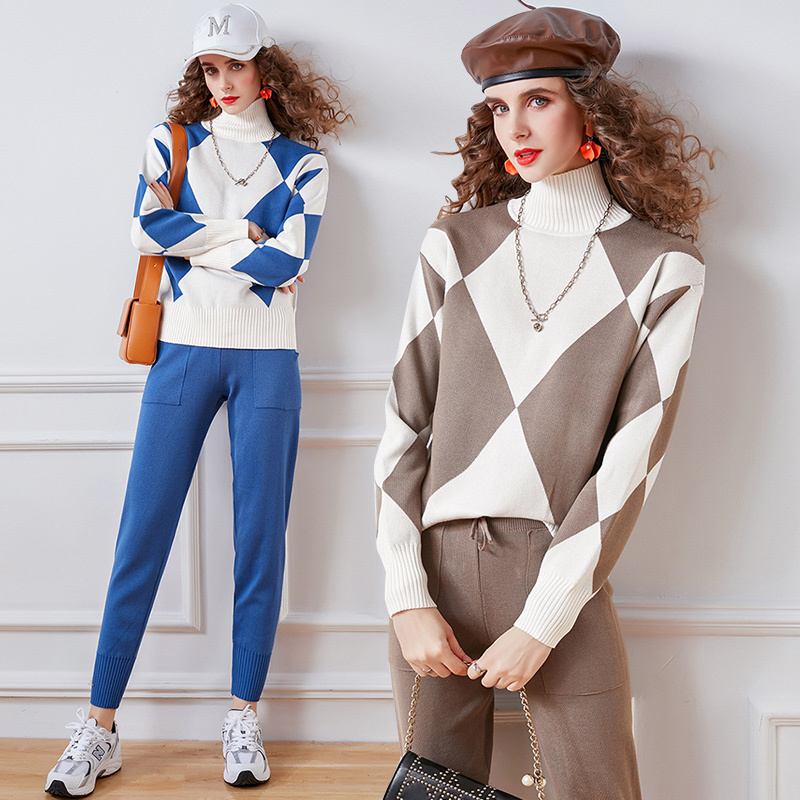 

Knitted Casual Suits Fall Winter Turtleneck Long-sleeved Geometric Jacquard Loose Wild Sweater + Trousers 2 Piece Sets 210525, Red