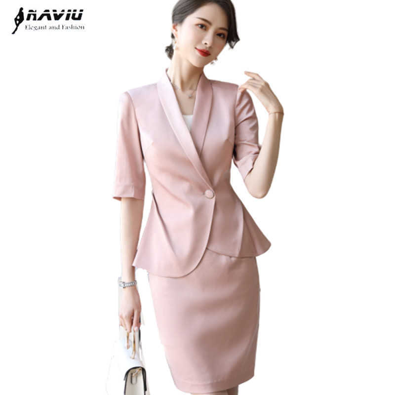 

Summer Prfessional Formal Suit Women Fashion Irregular Hem Half Sleeve Blazer and Skirt Office Ladies Work Wear 210604, Pink coat and skirt