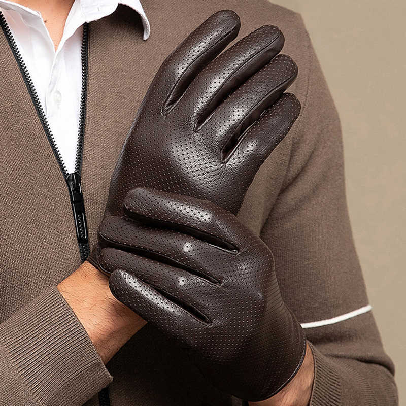 

Summer Leather Driving Gloves Men Women Sheepskin Touch Screen New Eyelet Breathable Thin Motorcycle Riding Driver Gloves H1022, Men black