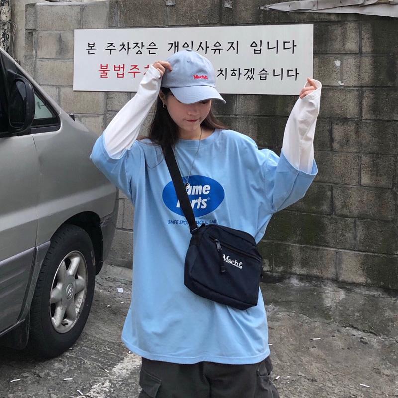 

Women' T-Shirt Harajuku High Street Blue Fake Two-Piece Letter Printing Long-Sleeved Woman' Clothes Grunge Egirl Igbt Tops