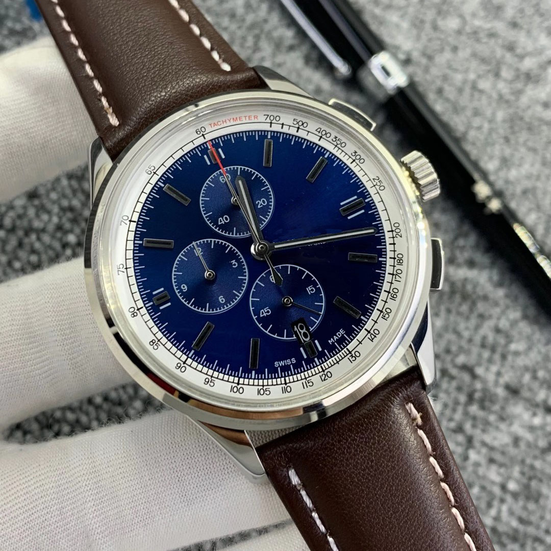 

N Quality Right Hand Watches Men Premier 42MM Blue Dial Japan Movement VK Watch Quartz Chronograph Leather Strap Floding Clasp Mens Dress On Fast Track Wrist, No send watch for shipping