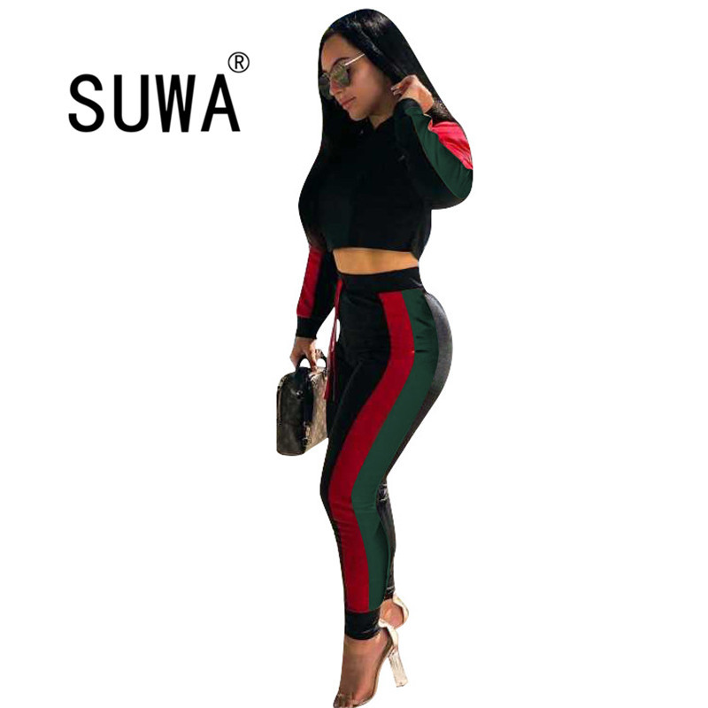 

Red Black Striped Patchwork Sporty Tracksuit Women Sets 2 Piece Sweater Suit And Casual Hoodies Top + Sweatpants 210525, Burgundy