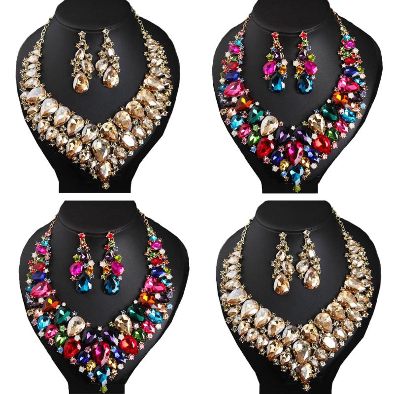 

Earrings & Necklace Flower Bridal Wedding Prom Jewelry Set Crystal Rhinestone Statement Earring For Women Charm Accessories, Silver