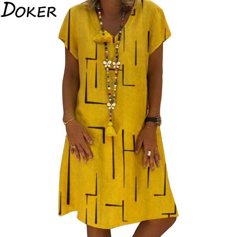 

2021 Summer Yellow Midi Dress Women Print V Neck Short Sleeve Vintage Plus Size Loose Dresses Female Casual Beach Boho Dress, Black