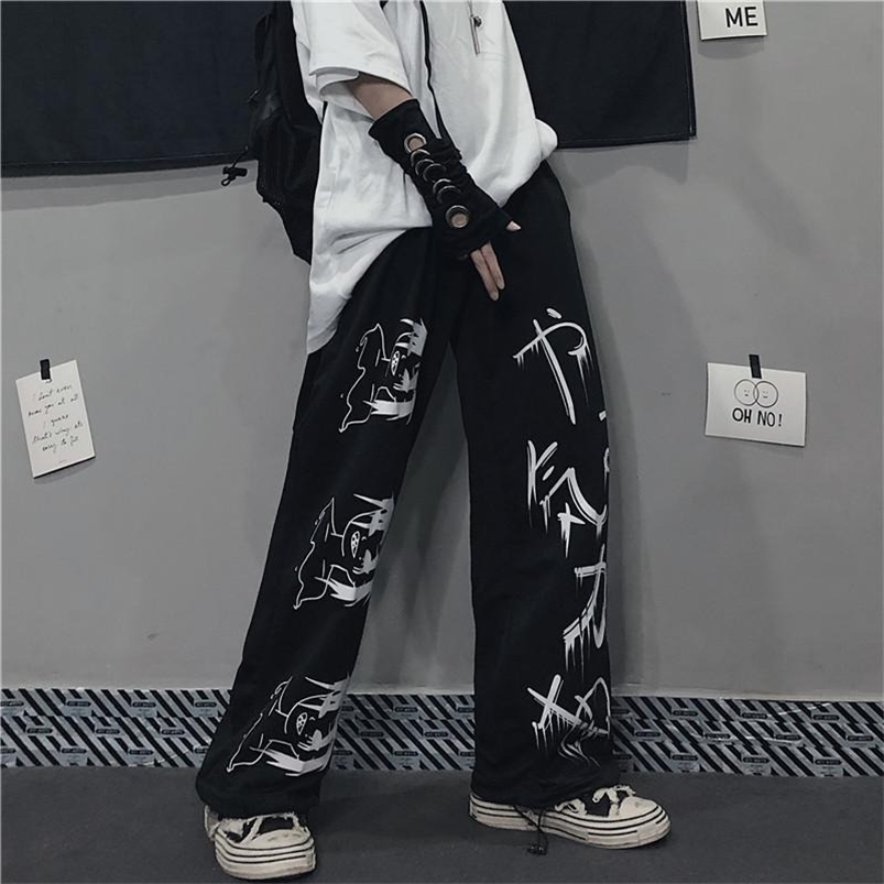 

QWEEK Japanese Anime Print Sweatpant Vintage Streetwear Oversize Wide Leg Pants Jogging Casual Trousers Female Mall Goth 210721, Black