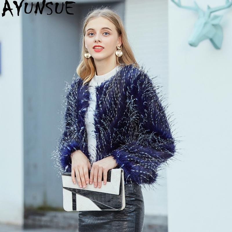 

Women's Fur & Faux AYUNSUE Coat Women Peacock Blue Female Furry Jacket Fall 2021 Winter Shaggy Artificial Abrigo Mujer KJ983, Black
