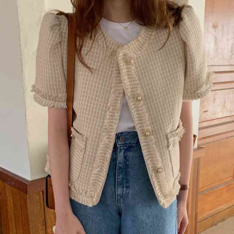 

Women' Jackets Casual Small Fragrance Short Woolen Coat Women Sleeve Summer Korean Loose Tweed Jacket Female Vintage Chaqueta Muj, Picture color