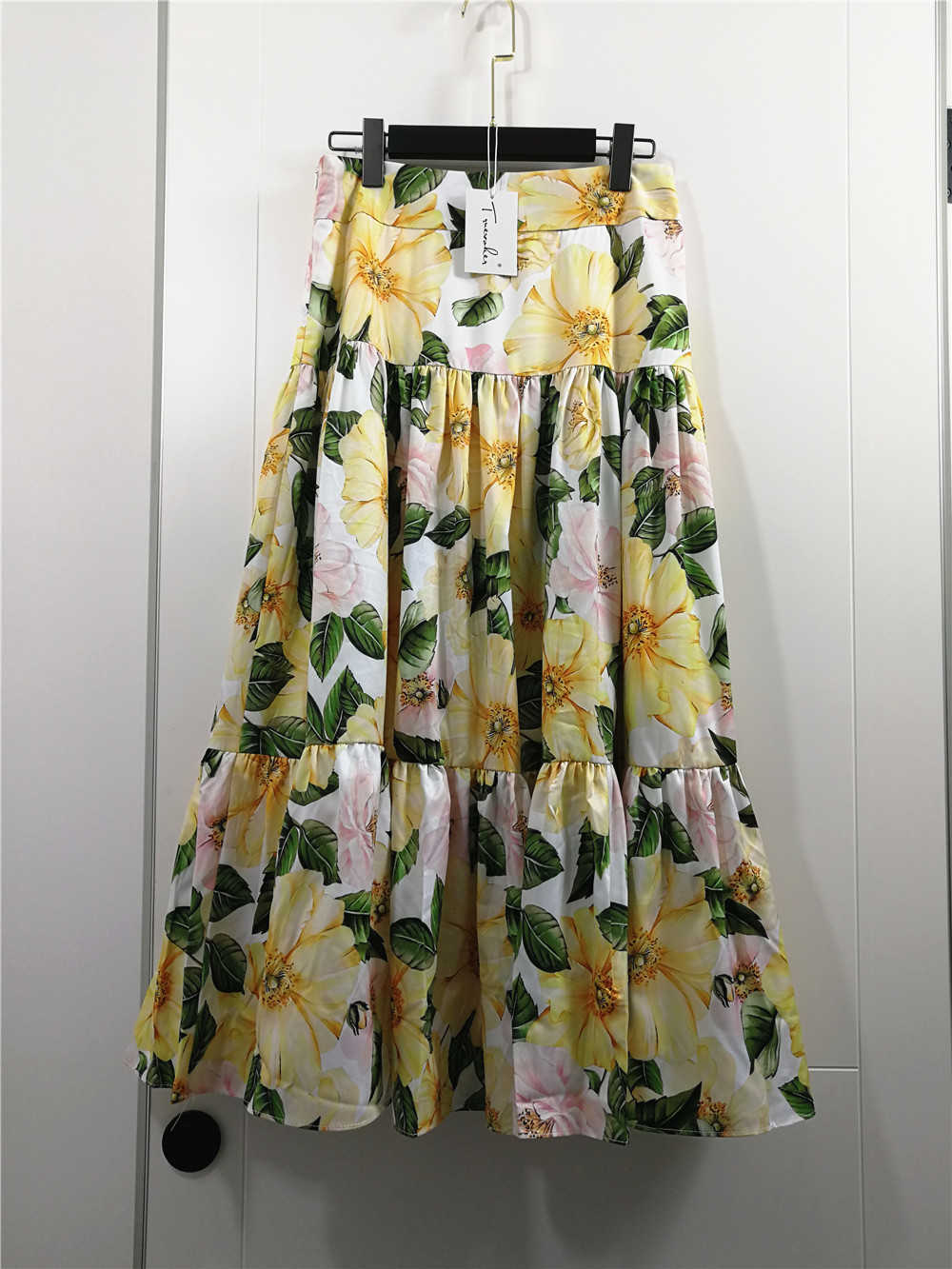 

Truevoker Designer Resort Skirt Women' Summer Yellow Floral Print Lady Elegant Midi Holiday 210602