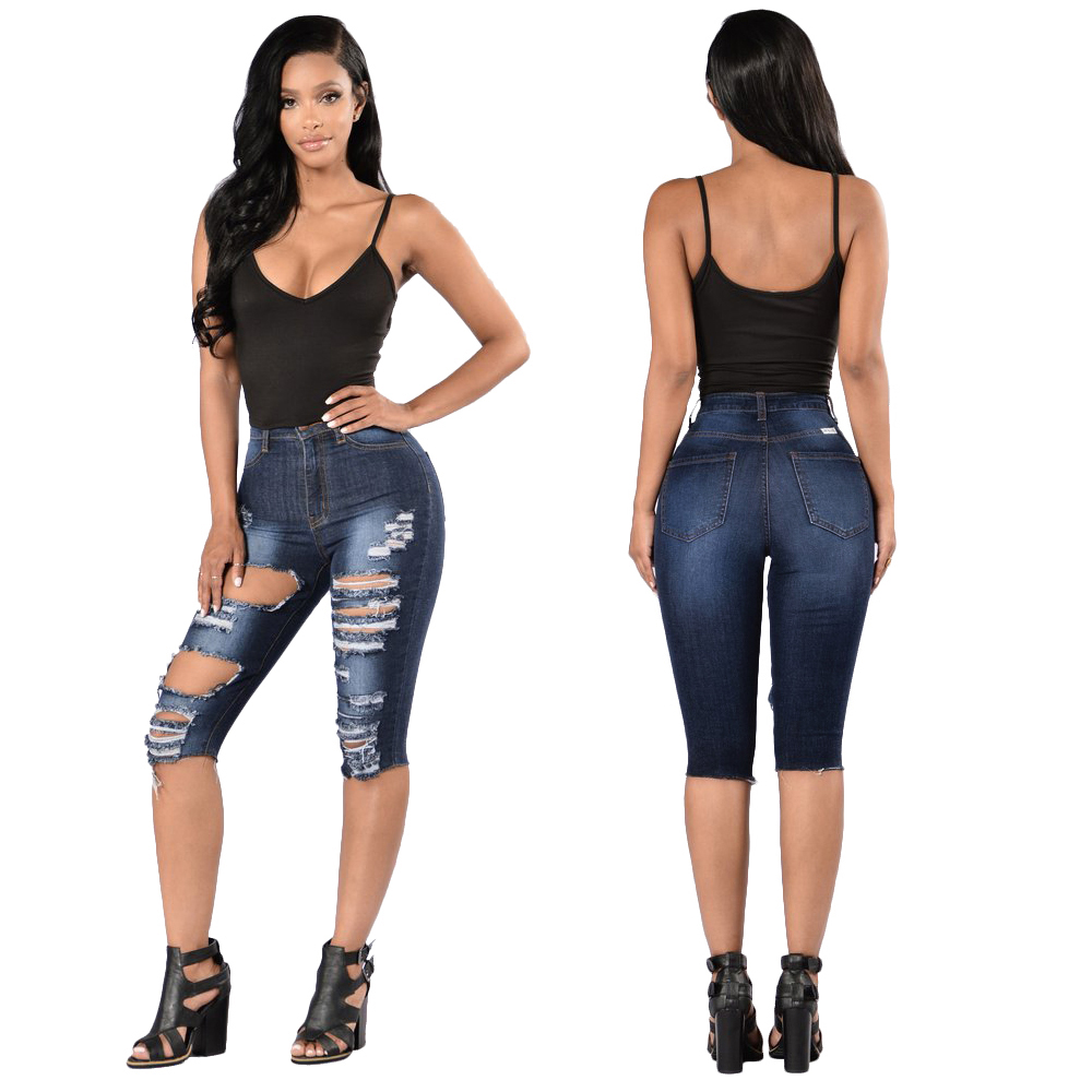 

YY183 Spring Summer Women Jeans Trousers Ladies Fashion Ripped Hole Short Pants Elasticity High Waistline High-elastic Butt-lift Knee-length Tights Streetwear, As picture show